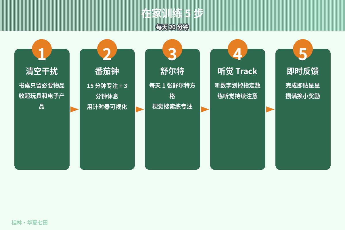 专注力家庭训练5步法示意图
